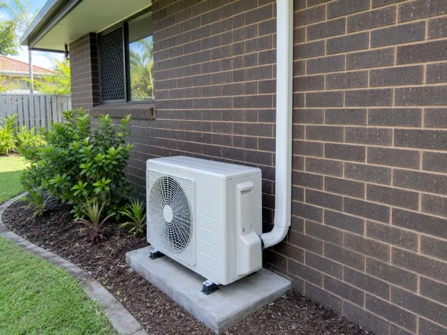 Outdoor air conditioner unit on a concrete pad beside a brick house wall and garden in Benowa